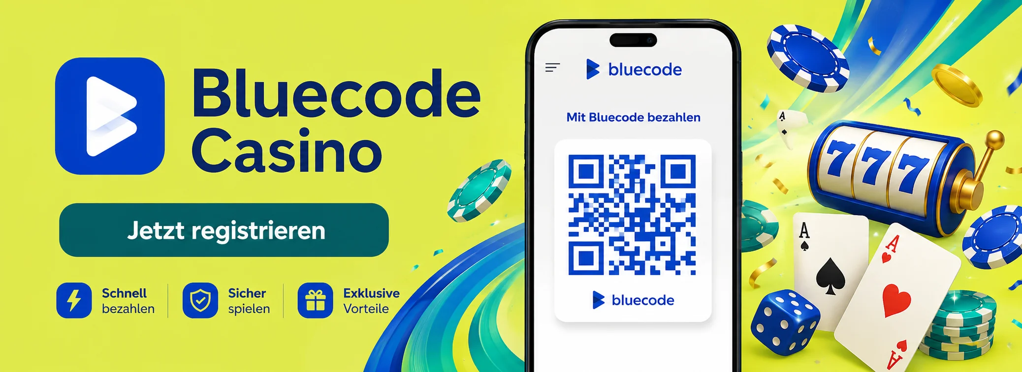 Bluecode Casino Banner mit 250 Freispielen und Slots von Novomatic und Play'n GO